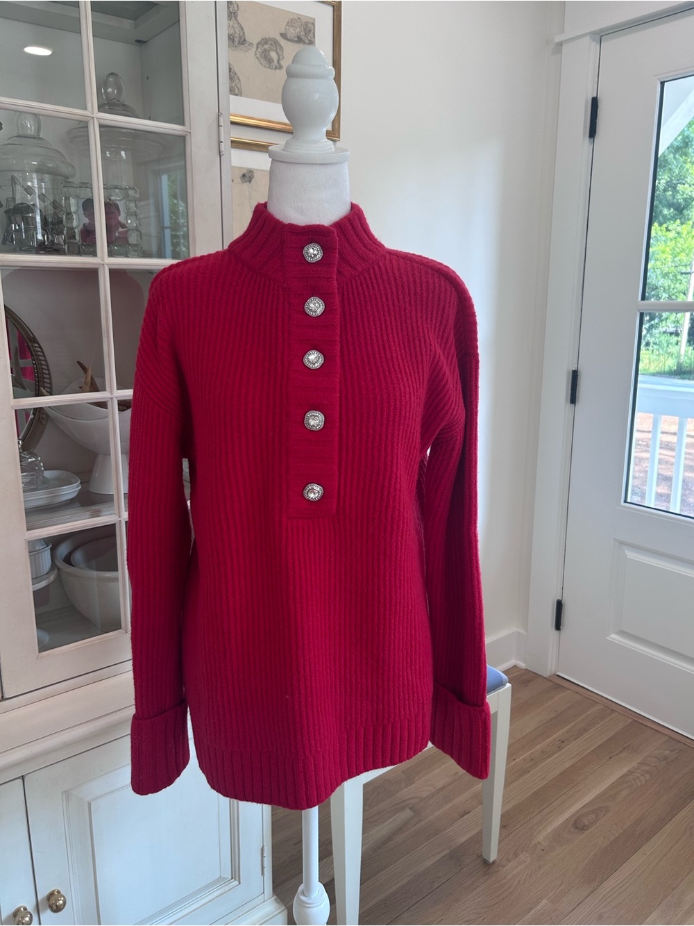 Talbots Red Sweater Rhinestone Buttons Sz S